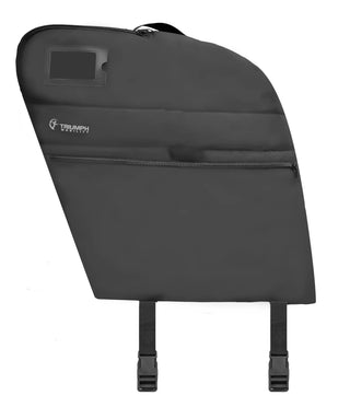 Black padded travel cover for the Triumph Prestige rollator with two front zippered storage pockets, securing buckles, a lifting handle strap, and zipper openings for handle access.