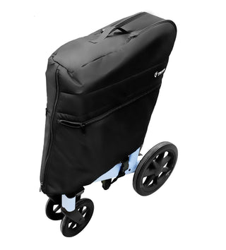 Black padded travel cover for the Triumph Prestige rollator with two front zippered storage pockets, securing buckles, a lifting handle strap, and zipper openings for handle access.