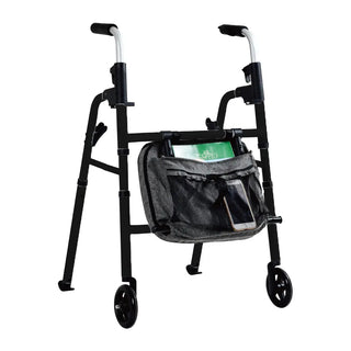 Black Triumph Essentials folding walker with a padded seat, padded backrest, adjustable handles, four 5-inch wheels, and integrated cane holder and cup holder.