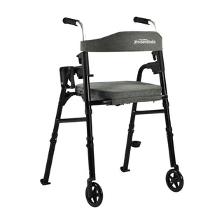 Black Triumph Essentials folding walker with a padded seat, padded backrest, adjustable handles, four 5-inch wheels, and integrated cane holder and cup holder.