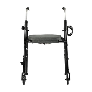 Black Triumph Essentials folding walker with a padded seat, padded backrest, adjustable handles, four 5-inch wheels, and integrated cane holder and cup holder.