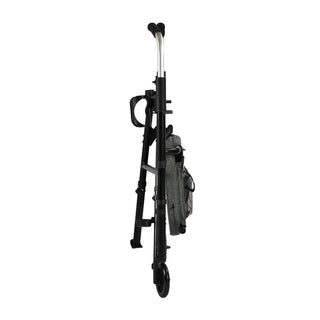 Black Triumph Essentials folding walker with a padded seat, padded backrest, adjustable handles, four 5-inch wheels, and integrated cane holder and cup holder.