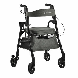 Black Triumph Essentials folding rollator with a padded seat, shopping basket beneath the seat, backrest, adjustable handles, front 6-inch swivel wheels, cane holder, and cup holder.