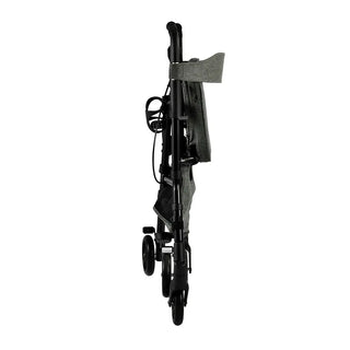 Black Triumph Essentials folding rollator with a padded seat, shopping basket beneath the seat, backrest, adjustable handles, front 6-inch swivel wheels, cane holder, and cup holder.