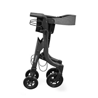Black Triumph Essentials Compact Rollator with a lightweight folding frame, padded seat, backrest, shopping bag, adjustable handles, 8-inch front wheels, 7-inch rear wheels, cane holder, and cup holder.