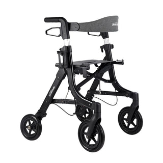 Black Triumph Essentials Compact Rollator with a lightweight folding frame, padded seat, backrest, shopping bag, adjustable handles, 8-inch front wheels, 7-inch rear wheels, cane holder, and cup holder.