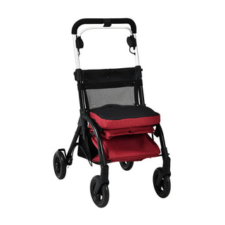 Red Triumph Essentials Shopping Rollator with a lightweight folding frame, large front storage bag, rear storage basket, padded seat, adjustable handles, 8-inch front swivel wheels, and 7-inch rear wheels.