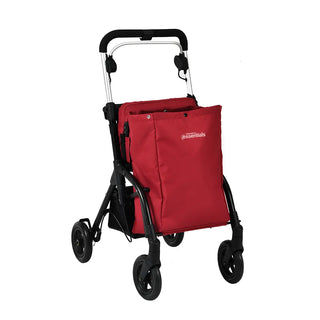 Red Triumph Essentials Shopping Rollator with a lightweight folding frame, large front storage bag, rear storage basket, padded seat, adjustable handles, 8-inch front swivel wheels, and 7-inch rear wheels.
