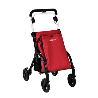 Red Triumph Essentials Shopping Rollator with a lightweight folding frame, large front storage bag, rear storage basket, padded seat, adjustable handles, 8-inch front swivel wheels, and 7-inch rear wheels.
