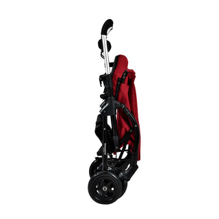 Red Triumph Essentials Shopping Rollator with a lightweight folding frame, large front storage bag, rear storage basket, padded seat, adjustable handles, 8-inch front swivel wheels, and 7-inch rear wheels.