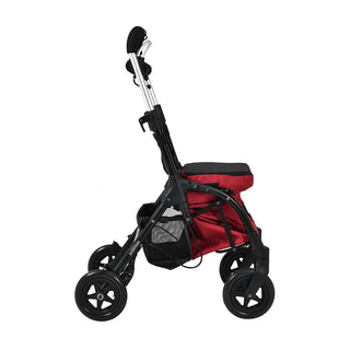 Red Triumph Essentials Shopping Rollator with a lightweight folding frame, large front storage bag, rear storage basket, padded seat, adjustable handles, 8-inch front swivel wheels, and 7-inch rear wheels.