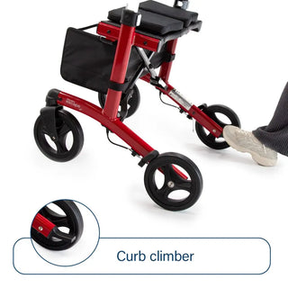 Triumph Mobility Escape rollator walker with a lightweight aluminum frame, padded seat, ergonomic backrest, anatomical handgrips, four 8-inch wheels, and a foldable shopping bag beneath the seat.