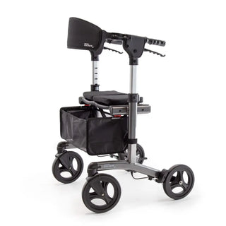 Triumph Mobility Escape rollator walker with a lightweight aluminum frame, padded seat, ergonomic backrest, anatomical handgrips, four 8-inch wheels, and a foldable shopping bag beneath the seat.