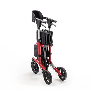 Triumph Mobility Escape rollator walker with a lightweight aluminum frame, padded seat, ergonomic backrest, anatomical handgrips, four 8-inch wheels, and a foldable shopping bag beneath the seat.