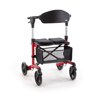 Triumph Mobility Escape rollator walker with a lightweight aluminum frame, padded seat, ergonomic backrest, anatomical handgrips, four 8-inch wheels, and a foldable shopping bag beneath the seat.