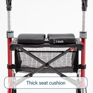 Triumph Mobility Escape rollator walker with a lightweight aluminum frame, padded seat, ergonomic backrest, anatomical handgrips, four 8-inch wheels, and a foldable shopping bag beneath the seat.