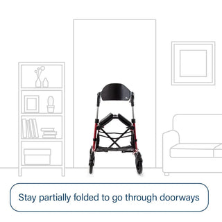 Triumph Mobility Escape rollator walker with a lightweight aluminum frame, padded seat, ergonomic backrest, anatomical handgrips, four 8-inch wheels, and a foldable shopping bag beneath the seat.