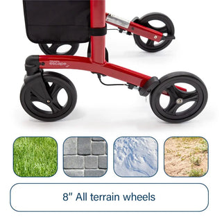 Triumph Mobility Escape rollator walker with a lightweight aluminum frame, padded seat, ergonomic backrest, anatomical handgrips, four 8-inch wheels, and a foldable shopping bag beneath the seat.