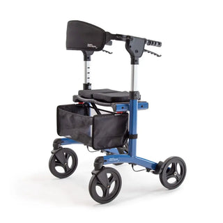 Triumph Mobility Escape rollator walker with a lightweight aluminum frame, padded seat, ergonomic backrest, anatomical handgrips, four 8-inch wheels, and a foldable shopping bag beneath the seat.