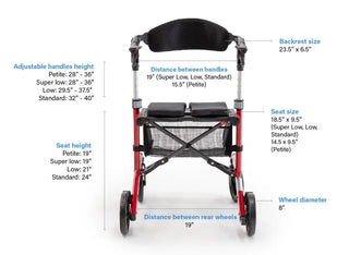 Triumph Mobility Escape rollator walker with a lightweight aluminum frame, padded seat, ergonomic backrest, anatomical handgrips, four 8-inch wheels, and a foldable shopping bag beneath the seat.
