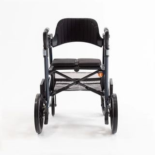 Light blue Triumph Prestige all-in-one rollator and transport chair with a black padded seat, padded backrest, ergonomic handgrips, armrests, four wheels, and integrated footrests in transport chair configuration.
