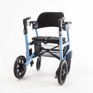 Light blue Triumph Prestige all-in-one rollator and transport chair with a black padded seat, padded backrest, ergonomic handgrips, armrests, four wheels, and integrated footrests in transport chair configuration.