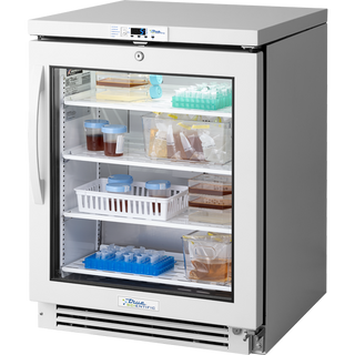 True Scientific TSCI-150LR-SWG-R-WW-1A Laboratory Unit Refrigerator with shelves containing various containers on a white background