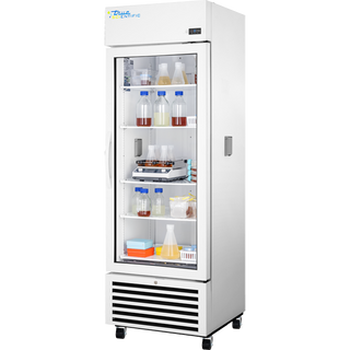 White True Scientific TSCI-450CR-SWG-R-WW-1A Chromatography Refrigerator with glass door displaying various containers on a white background