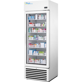 White True Scientific TSCI-450PR-SWG-R-WW-1A Pharmacy Unit Refrigerator with glass door displaying medical supplies on a white background