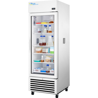 White True Scientific TSCI-550LR-SWG-R-WW-1A Laboratory Unit Refrigerator with glass door displaying various items on a white background