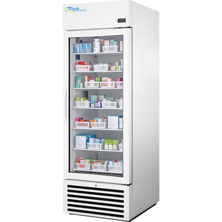 White medical True Scientific TSCI-550PR-SWG-R-WW-1A Pharmacy Unit Refrigerator with glass door displaying medical supplies on a white background