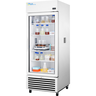 White laboratory True Scientific TSCI-600CR-SWG-R-WW-1A Chromatography Refrigerator with glass door displaying various samples on a white background