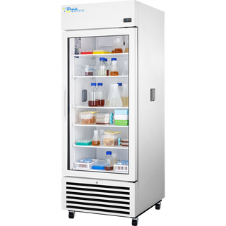 White medical True Scientific TSCI-600LR-SWG-R-WW-1A Laboratory Unit Refrigerator with glass door displaying various items on a white background