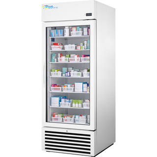 White medical True Scientific TSCI-600PR-SWG-R-WW-1A Pharmacy Unit Refrigerator with shelves stocked with medical supplies on a white background