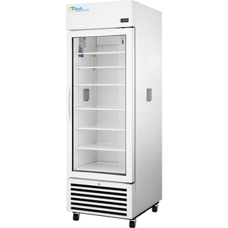 Front right angled view of the True Scientific TSCI-550CR-SWG-R-WW-1A glass door refrigerator featuring a full-height glass door, adjustable wire shelves, digital temperature display, and bottom-mounted refrigeration system.