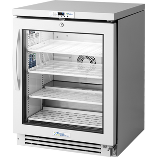 Angled front view of the True Scientific TSCI-150LR-SWG-R-WW-1A glass door undercounter laboratory refrigerator with adjustable interior shelves and digital temperature controller.