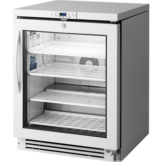 Front angled view of the True Scientific TSCI-150PR-SWG-R-WW-1A glass door pharmacy refrigerator with adjustable shelves and digital temperature controller.