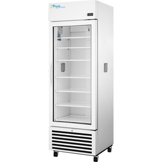 Front view of the True Scientific TSCI-450LR-SWG-R-WW-1A glass door laboratory refrigerator with adjustable interior shelves and digital temperature display.