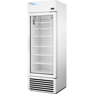 True Scientific TSCI-450PR-SWG-R-WW-1A white glass door pharmacy refrigerator with adjustable shelves and digital temperature display, front angled view.