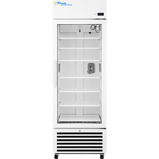 Front interior view of the True Scientific TSCI-550CR-SWG-R-WW-1A glass door refrigerator showing multiple adjustable wire shelves, temperature monitoring components, and a full-height storage compartment.