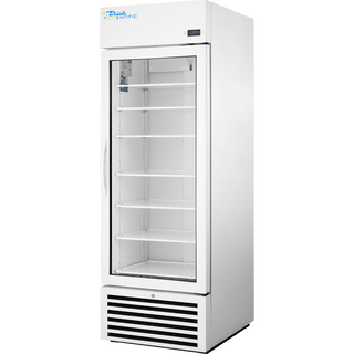 True Scientific TSCI-550PR-SWG-R-WW-1A white glass door pharmacy refrigerator with adjustable shelves and digital temperature display, front angled view.