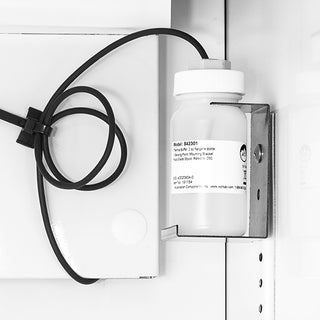 Close-up of the glycol temperature monitoring bottle and sensor assembly inside the True Scientific TSCI-550PR-SWG-R-WW-1A glass door pharmacy refrigerator.