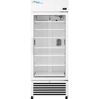 Front view of a True Scientific TSCI-600CR-SWG-R-WW-1A glass door chromatography refrigerator with adjustable shelves and bottom-mounted refrigeration system