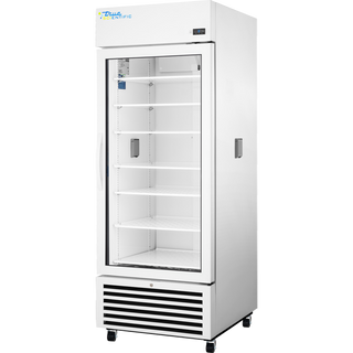 Front-right angled view of a True Scientific TSCI-600CR-SWG-R-WW-1A glass door chromatography refrigerator with adjustable shelves and bottom-mounted refrigeration system