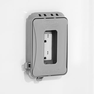 Weatherproof electrical outlet with protective cover mounted on a True Scientific TSCI-600CR-SWG-R-WW-1A chromatography refrigerator