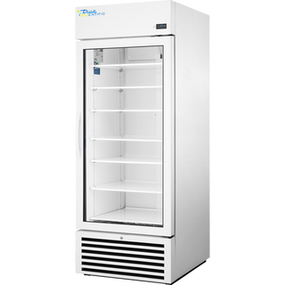 Front view of the True Scientific TSCI-600PR-SWG-R-WW-1A glass door pharmacy refrigerator with adjustable shelves and digital temperature display.