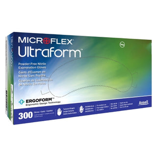 Box of Ultraform® 816797_CS, Nitrile Exam Glove, L, Standard Cuff , Textured Fingertips, Blue with ergonomic design technology on a white background