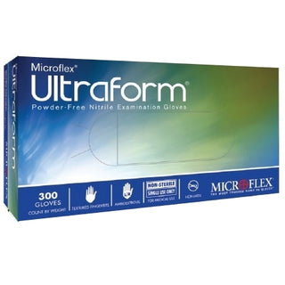 Box of Ultraform® 816797_CS, Nitrile Exam Glove, M, Standard Cuff , Textured Fingertips, Blue on a white background