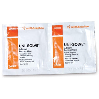 Two Smith & Nephew UniSolve 96852_CS Adhesive Remover Wipe on a white background