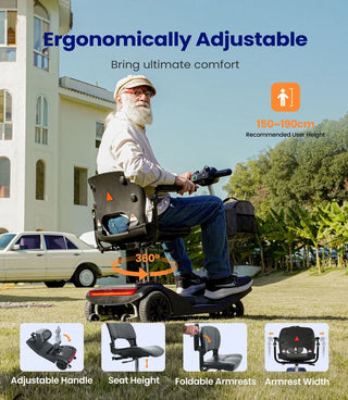 VOCIC D50 Flexible Lightweight Folding 4 Wheel Mobility Scooter, 265 lbs Weight Capacity, 15.5 Miles Per Charge